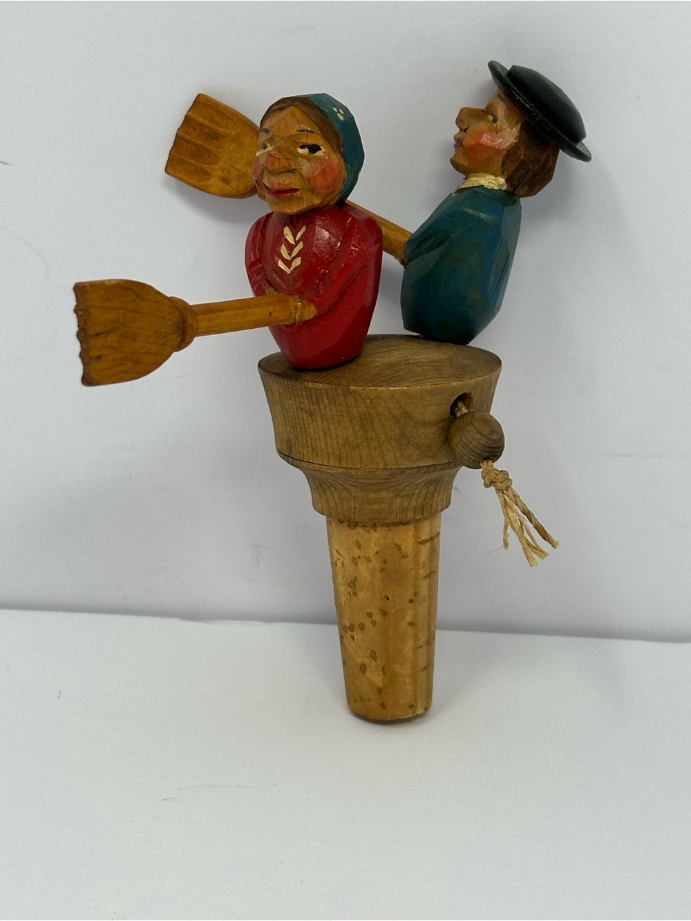 Vintage Anri? Hand Carved Mechanical Wooden Wine Bottle Stopper Sweeping Couple
